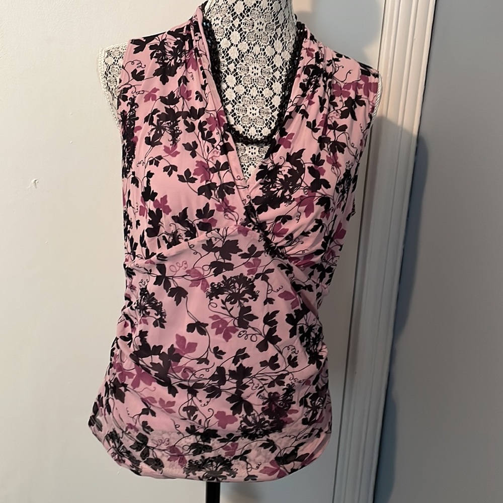 Y2K Pink and Black Floral Sleeveless Wrap Blouse